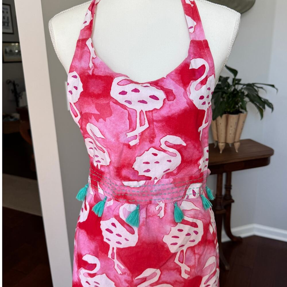 ANTHROPOLOGIE Apron Pink Flamingo Print 100% Cotton Tassels - Picture 5 of 11